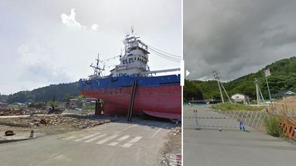 A&nbsp;Kesennuma (Japon), le bateau échoué était devenu le symbole du passage dévastateur du tsunami, le 11 mars 2011.&nbsp; (GOOGLE / AFP)