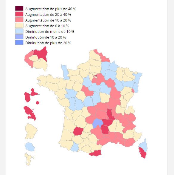 Évolution des décès cumulés du 1ᵉʳ septembre au 26 octobre 2020 rapportés aux décès cumulés du 1ᵉʳ septembre au 26 octobre 2019 par département. (INSEE)