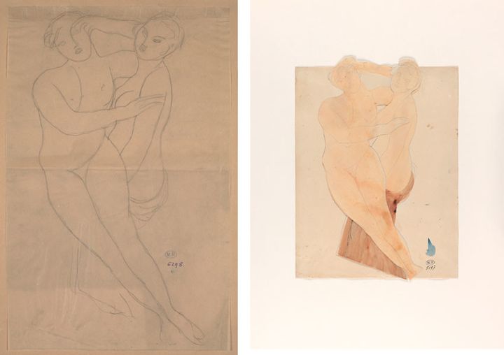 Auguste Rodin, "Deux femmes enlacées", à gauche, 1912, crayon graphite sur papier calque, à droite, crayon graphite et aquarelle sur deux papiers découpés et collés sur papier vélin
 (A droite et à gauche © musée Rodin, ph. Jean de Calan)