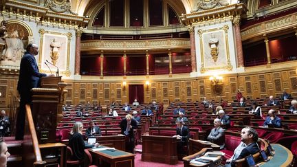 Le Premier ministre Edouard Philippe s'exprime au Sénat, le 4 mai 2020, à Paris. (SENAT/CECILIA LEROUGE/SIPA)