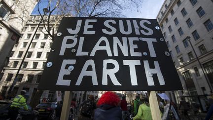 Un manifestant brandit une pancarte "Je suis la planète Terre", lors d'une marche pour le climat, le 7 mars 2015 à Londres (Royaume-Uni).&nbsp; (NIKLAS HALLE'N / AFP)