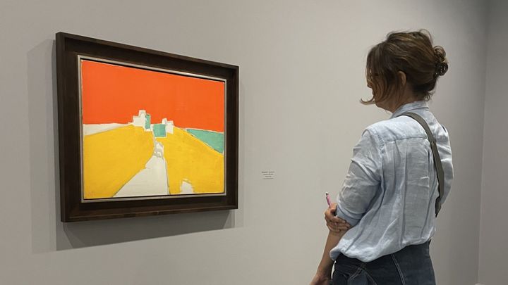 Une visiteuse regarde un tableau de la série "Agrigente" (1954) de Nicolas de Staël au musée d'Art moderne de Paris. (FRANCEINFO / NEIL SENOT)