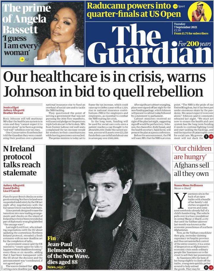 La une du journal "The Guardian", le 7 septembre 2021. (THE GUARDIAN)