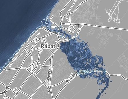 Vue de la capitale marocaine Rabat en cas de hausse des températures sur la terre de deux degrés (on voit la progression de la zone recouverte par les entrées maritimes) (source : climatecentral.org) (climatecentral.org)