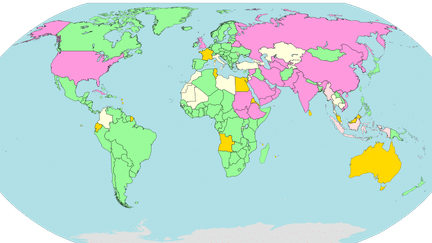 Une carte de la situation de la censure sur Internet en 2011. Le rose indique une censure «pervasive», le rose pâle une censure substantielle, le jaune (comme la France) une situation tangente et le vert une bonne situation. (Commons)