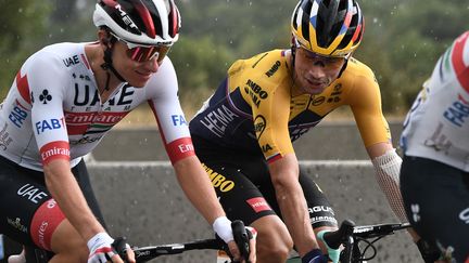 Primoz Roglic (Jumbo-Visma) en discussion avec son compatriote Tadej Pogacar (UAE Emirates). (ANNE-CHRISTINE POUJOULAT / AFP)