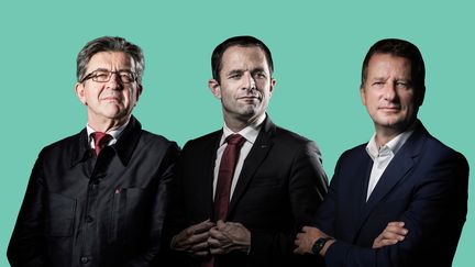 A gauche de l'échiquier politique, Jean-Luc Mélenchon, Benoît Hamon et Yannick Jadot sont tous les trois candidats à l'élection présidentielle. (AFP / FRANCEINFO)