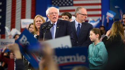 Bernie Sanders lors d'un meeting à Manchester, dans le New Hampshire, aux Etats-Unis, le 11 février 2020. (ZACH D ROBERTS / NURPHOTO / AFP)