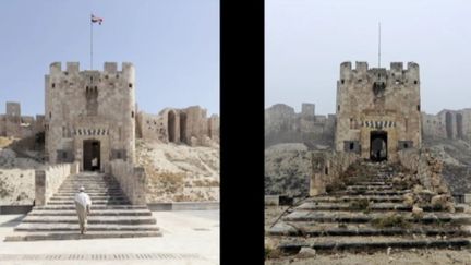 Capture d'écran montrant la citadelle d'Alep (Syrie) aujourd'hui détruite et quoi elle ressemblait il y a quatre ans&nbsp; (FRANCE 2)