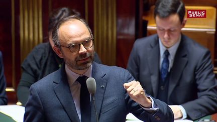 Edouard Philippe dans l'hémicycle du Sénat. (Public Sénat)