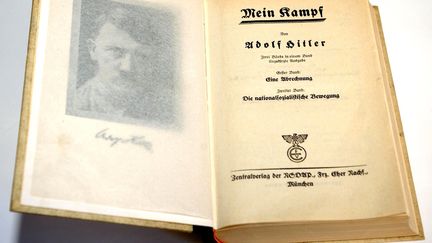 Un exemplaire de la premi&egrave;re &eacute;dition de "Mein Kampf" ("Mon combat") d'Adolf Hitler, prise en photo en Allemagne en 2003, et diffus&eacute;e le 1er juillet 2007. (MARCUS FÞHRER / DPA / AFP)