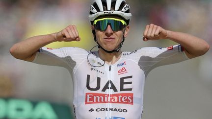 Le Slovène Tadej Pogacar à l'arrivée de la 4e étape du Tour de France, le 2 juillet 2024 à Valloire (Savoie). (THOMAS SAMSON / AFP)