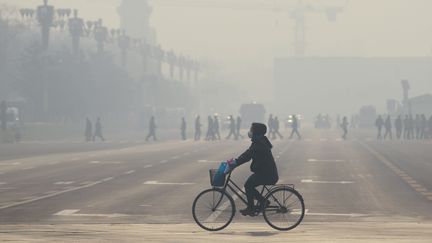 Une femme fait du vélo à Pékin (Chine) pendant une alerte rouge à la pollution atmosphérique, le 21 décembre 2015. (WANG ZHAO / AFP)