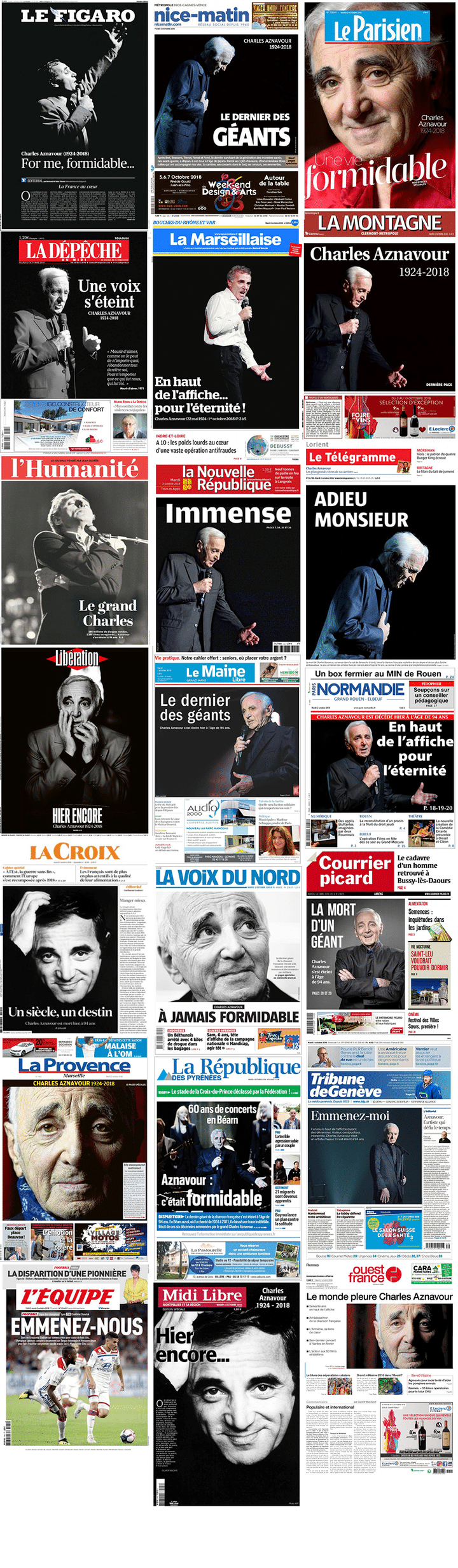 EN IMAGES. "Formidable", "Le grand Charles"... Charles Aznavour en une de tous les journaux de France et à l'étranger (FRANCEINFO)