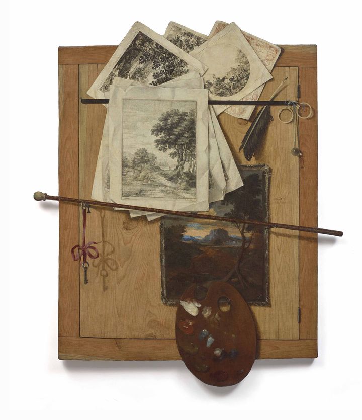 Cristoforo Munari, "Trompe-l'œil aux instruments du peintre et aux gravures", avant 1715. (PARIS COLLECTION FARIDA ET HENRI SEYDOUX / STUDIO CHRISTIAN BARAJA SLB)