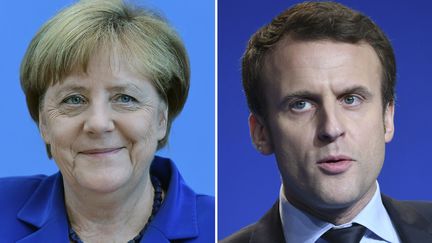 Angela Merkel en juillet 2016 à Berlin et Emmanuel Macron en mars 2017 à Caen. (TOBIAS SCHWARZ / AFP)