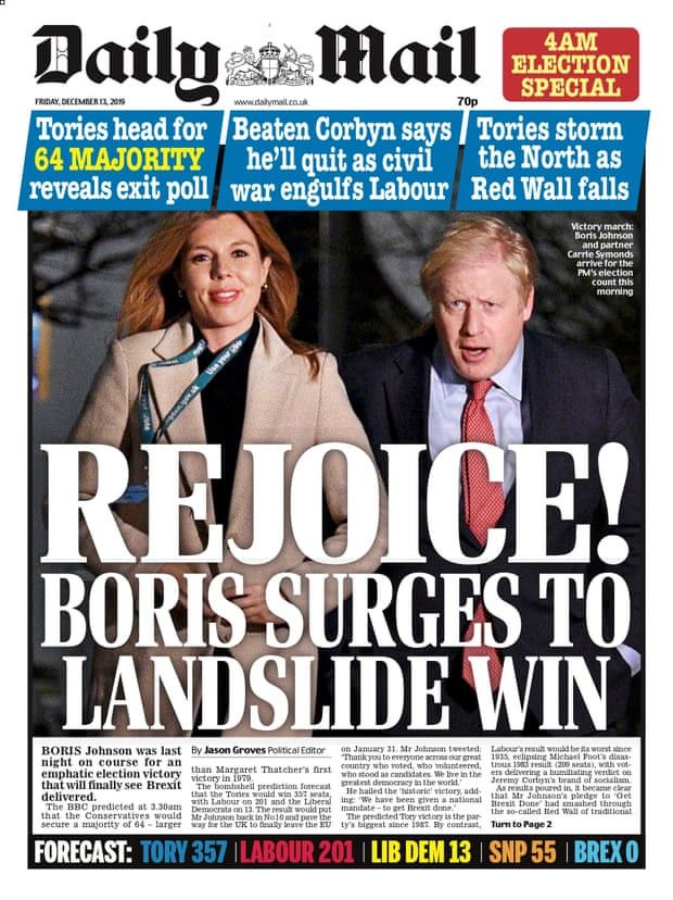 La une du "Daily Mail", le 13 décembre 2019. (THE DAILY MAIL)