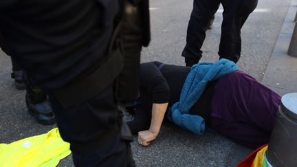 Geneviève Legay, au sol, après avoir été heurtée par un policier, samedi 23 mars 2018, à Nice (Alpes-Maritimes).&nbsp; (VALERY HACHE / AFP)