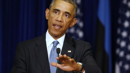 Le pr&eacute;sident des Etats-Unis, Barack Obama, lors d'une conf&eacute;rence de presse, &agrave; Tallinn, en Estonie, le 3 septembre 2014. (LARRY DOWNING / REUTERS)