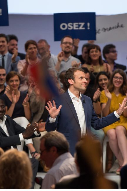 Emmanuel Macron tient un meeting à la Mutualité, le 12 juillet 2017&nbsp;à Paris (ROMUALD MEIGNEUX/SIPA)