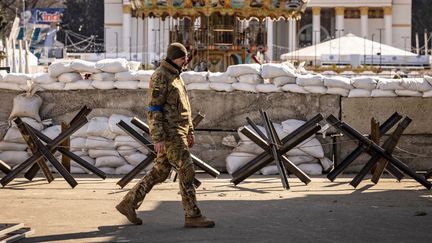 Un membre des forces de défense territoriale ukrainiennes monte la garde à un poste de contrôle à Kiev, le 20 mars 2022. (FADEL SENNA / AFP)