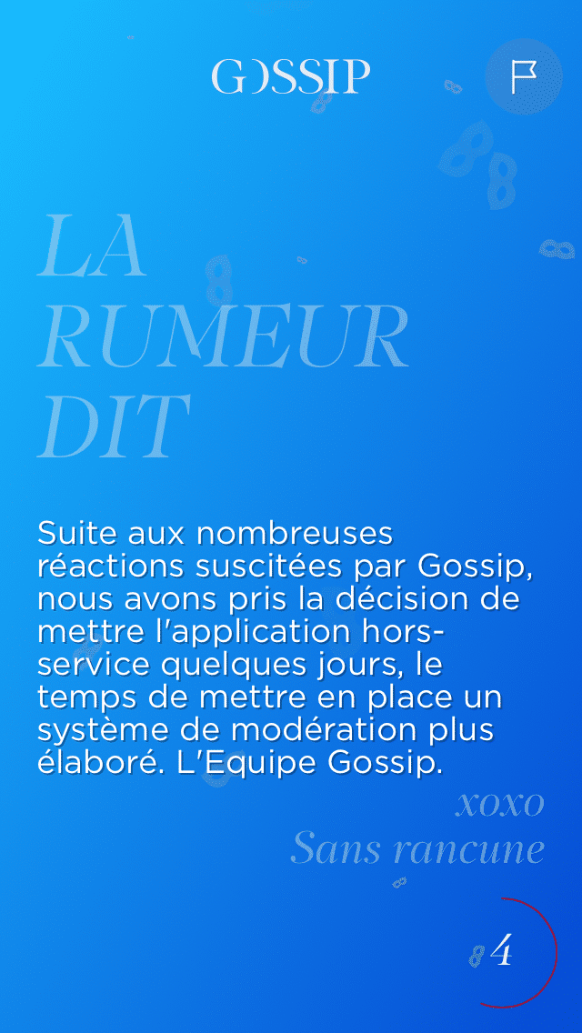 Capture d'&eacute;cran du message affich&eacute; sur l'application Gossip. (GOSSIP)