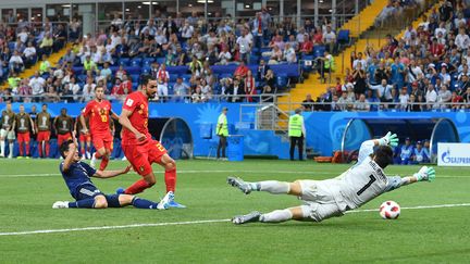 Pourtant menés 2-0 par les Japonais, les Belges parviennent à s'imposer 3-2 en huitième de finale de la Coupe du monde, grâce à un dernier but signé Nacer Chadli, le 2 juillet 2018 à Rostov. (FRANK HOERMANN/SVEN SIMON / SVEN SIMON / AFP)