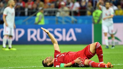 L'Iranien&nbsp;&nbsp;Ehsan Haji Safi face à l'Espagne, le 20 juin 2018 à Kazan (Russie). (SAEED KHAN / AFP)