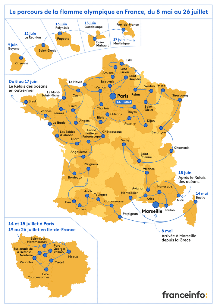 La fiamma olimpica arriverà in Francia l'8 maggio a Marsiglia.  Il suo viaggio in Francia e nei territori d'oltremare durerà 79 giorni, fino alla cerimonia di apertura delle Olimpiadi di Parigi, il 26 luglio 2024. (HELOÏSE KROB / FRANCEINFO)