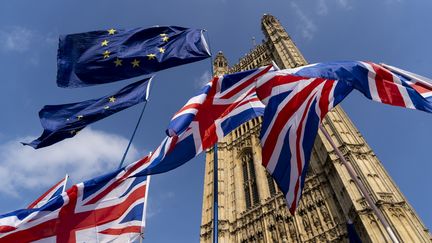 Des drapeaux européens et britanniques, le&nbsp;28 mars 2019, flottent devant le Parlement de Westminster, à Londres. (NIKLAS HALLE'N / AFP)