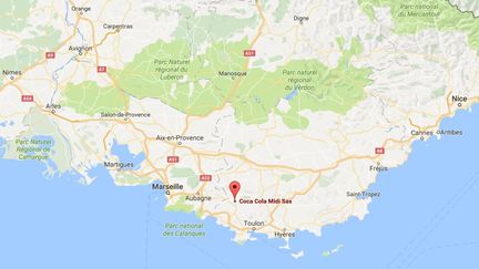 Capture d'écran de Google maps pointant le site de Coca-Cola à Signes (Var) où quelque 370 kg de cocaïne ont été découverts dans un container, le 26&nbsp;août 2016. (GOOGLE MAPS)