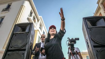 Opposition member Abir Moussi takes part in a protest march organized by the Free Destourian Party, to protest against the economic and social policies of Tunisian President Kaïs Saïed, in Tunis (Tunisia), on October 17, 2022. (CHEDLY BEN IBRAHIM / HANS LUCAS / AFP)