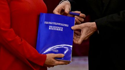 Spanish Rights Defender Angel Gabilondo presents to Congress President Francina Armengol the report on the country's first independent investigation into child crime within the Catholic Church, on October 27, 2023, in Madrid (Spain).  (JAVIER SORIANO / AFP)