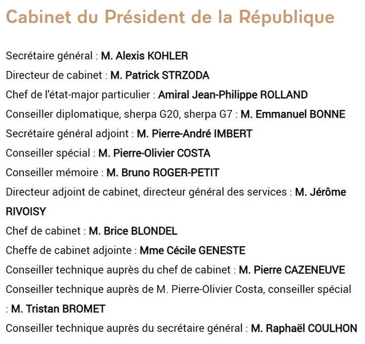 La composition du cabinet d'Emmanuel Macron, disponible sur le site de l'Elysée. (ELYSEE)