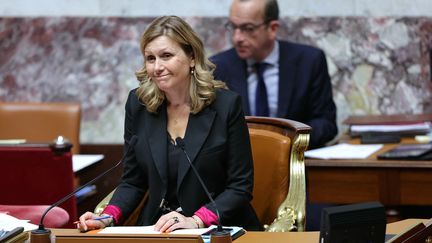 Yaël Braun-Pivet, présidente de l'Assemblée nationale, le 12 mars 2024. (THOMAS SAMSON / AFP)