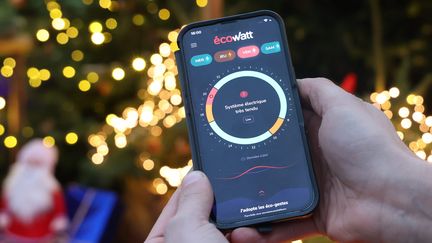 Un smartphone avec l'application Ecowatt montrant un système électrique très tendu devant la maison d'un particulier illuminée, à Turckheim en Alsace, le 1er décembre 2022. (VANESSA MEYER / MAXPPP)