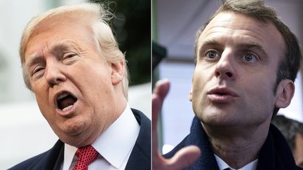 Donald Trump s'adresse à la presse depuis la Maison Blanche, le 9 novembre 2018 (à gauche). Emmanuel Macron dans un bar à Lens (Pas-de-Calais), le 9 novembre 2018 (à droite). (NICHOLAS KAMM / AFP)