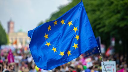 Un manifestant brandit le drapeau de l'Union européenne lors de la manifesation pro-européenne, à Berlin le 19 mai 2019. (OMER MESSINGER / AFP)