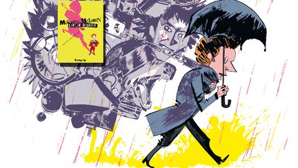 Une planche de la BD "Malcolm McLaren, l'art du désastre" de Manu Leduc, Marie Eynard et Lionel Chouin (dessin), avec la couverture de l'ouvrage en incrustation. (FUTUROPOLIS)