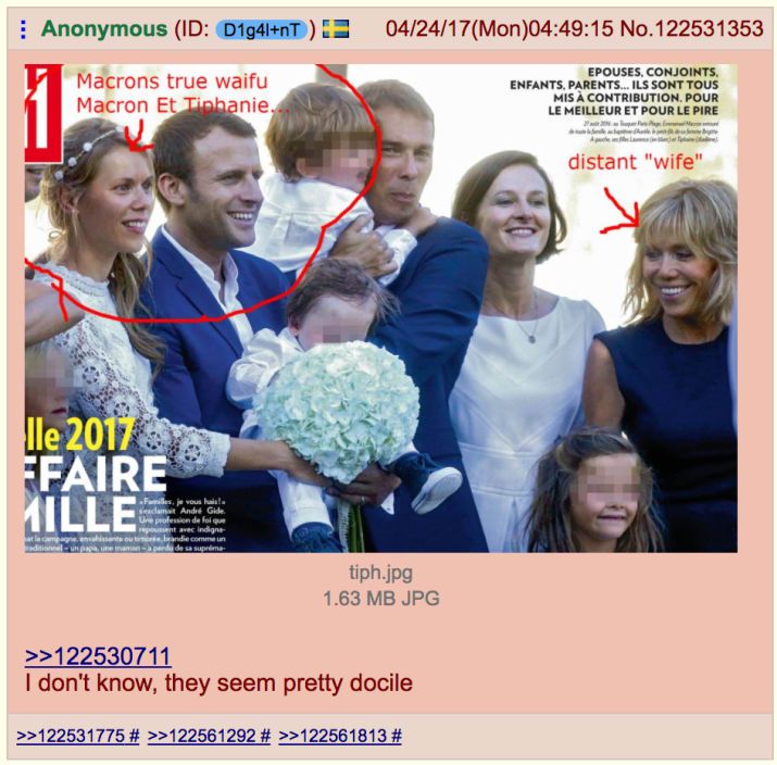 Une photo parue dans "Paris Match" lors du baptême de l'enfant de Tiphaine Auzière. Les utilisateurs de 4chan ont entouré son visage en légendant "La vraie femme de Macron".&nbsp; (DR)