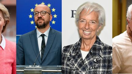 Ursula von der Leyen, Charles Michel, Christine Lagarde et&nbsp;Josep Borrell (de gauche à droite), désignés respectivement présidente de la Commission européenne, président du Conseil européen, présidente de la Banque centrale européenne, et chef de la diplomatie de l'Union. (MOHSSEN ASSANIMOGHADDAM / GEOFFROY VAN DER HASSELT / JAMIE MCCARTHY / JOHN THYS / AFP)