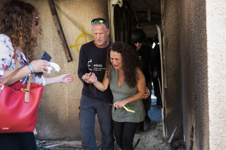 On October 30, 2023, Hadas Kalderon returned to Kibbutz Nir Oz for the first time since the Hamas attack.  (DIMA VAZINOVICH / MIDDLE EAST IMAGES VIA AFP)