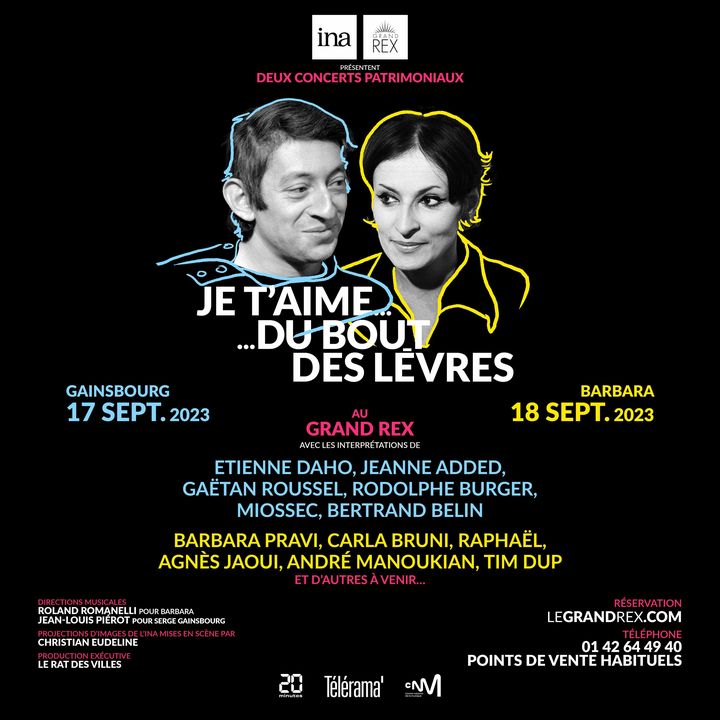 Affiche des concerts-hommages à Serge Gainsbourg et Barbara qui auront lieu les 17 et 18 septembre 2023 au Grand Rex à Paris. (INA)