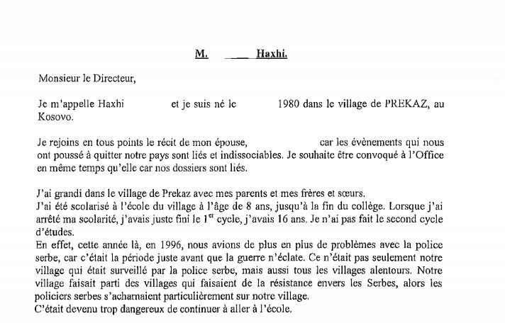 Lettre de demande d'asile d'Haxhi, r&eacute;fugi&eacute; du Kosovo. (FORUM REFUGIES)