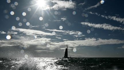 Le maxi-trimaran de Thomas Coville au départ de la Transat Jacques-Vabre, le 29 octobre 2023, au large du Havre (Seine-Maritime). (LOIC VENANCE / AFP)