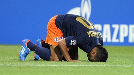 Youn&egrave;s Belhanda, milieu de terrain de Montpellier, apr&egrave;s avoir manqu&eacute; une occasion contre Arsenal, en Ligue des champions, le 18 septembre 2012.&nbsp; (PASCAL GUYOT / AFP)