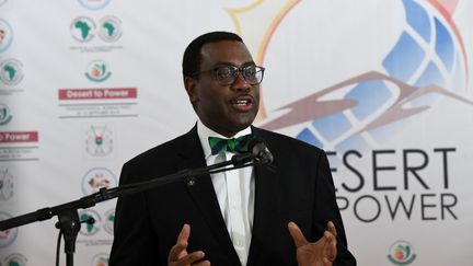 Le président de la Banque africaine de développement,&nbsp;Akinwumi Adesina, lors d'une conférence de presse après le sommet du G5-Sahel à Ouagadougou, au Burkina Faso, le 13 septembre 2019. (ISSOUF SANOGO / AFP)