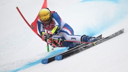 Thibaut Favrot a lutté avec la piste lors de la 2e manche du slalom géant, dimanche 13 février. (FABRICE COFFRINI / AFP)