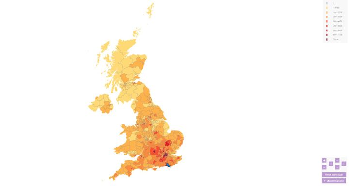 Une carte indique où se trouvent les signataires de la pétition réclamant un second référendum sur le Brexit.&nbsp; (PETITION MAP)