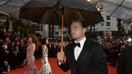 L'acteur am&eacute;ricain Leonardo DiCaprio n'a pu &eacute;viter le parapluie pour la&nbsp;premi&egrave;re mont&eacute;e des marches &agrave; Cannes, le 15 mai 2013. Festival pluvieux, festival heureux ? (ANNE-CHRISTINE POUJOULAT / AFP)